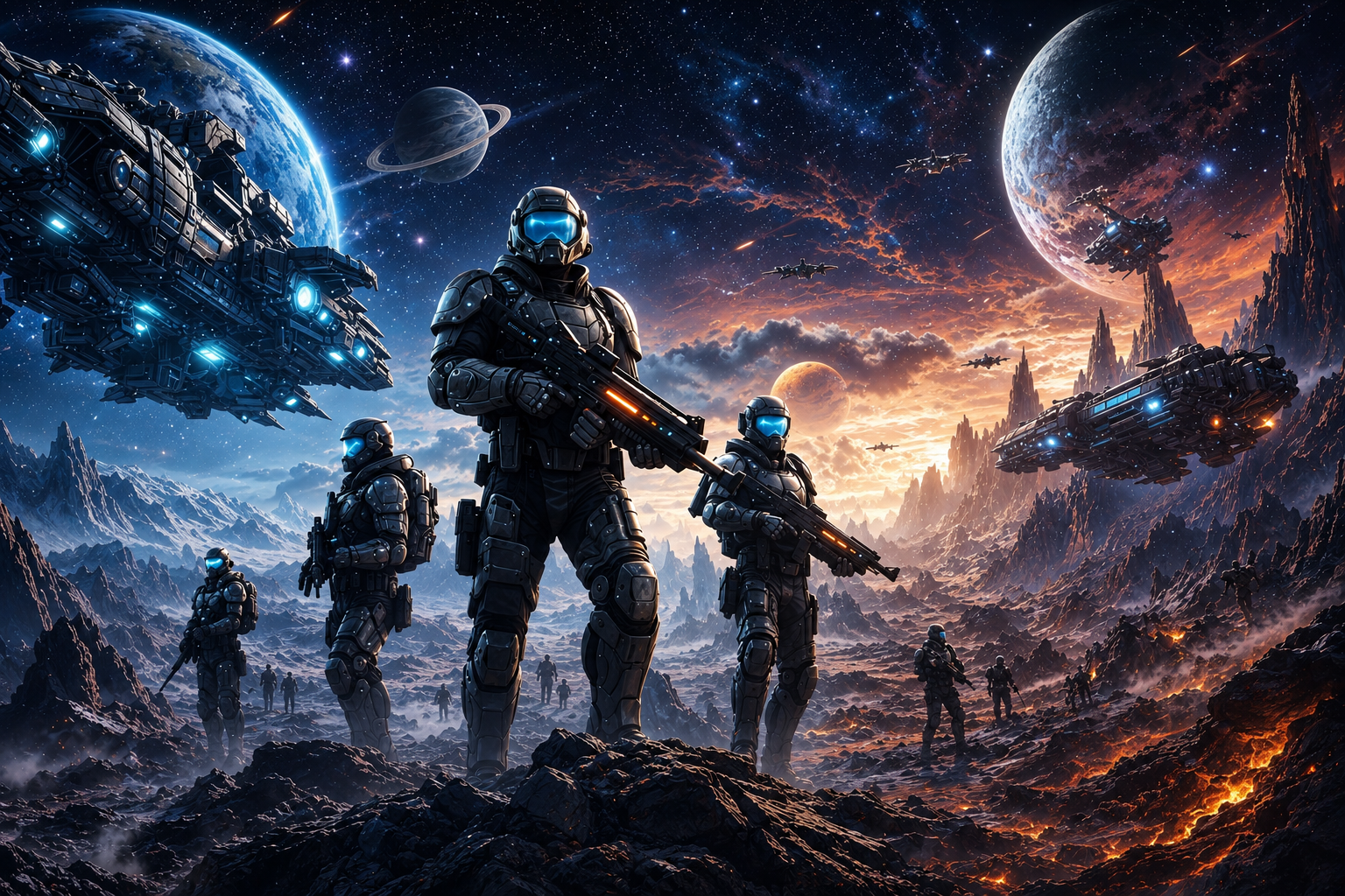 Sci Fi soldiers on an epic landscape with spaceships above and planets in the void.